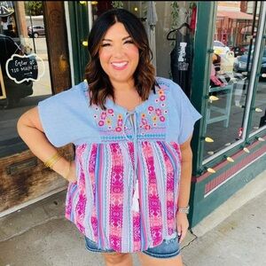 Savanna Jane V-neck floral Embroidered Top T-shirt; Striped Floral Boho Tee